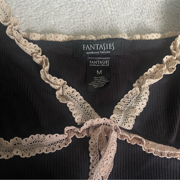 Black & cream lace n ribbed lingerie slip / sleep nightie - Picture 4 of 8